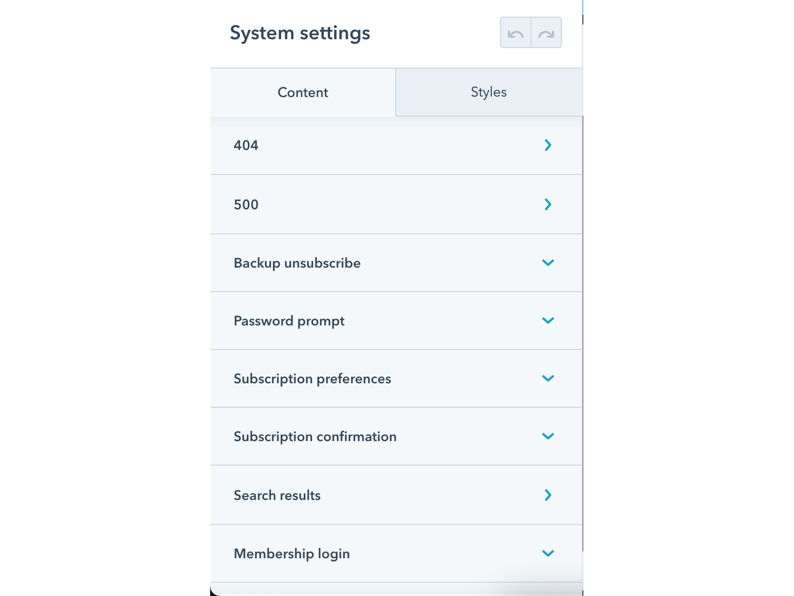 System settings options